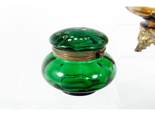 Hand-Decorated Cranberry, Amber, And Green Glass Vessels