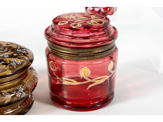 Hand-Decorated Cranberry, Amber, And Green Glass Vessels