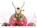 Cranberry Glass Table Lamp And Oil Lamps