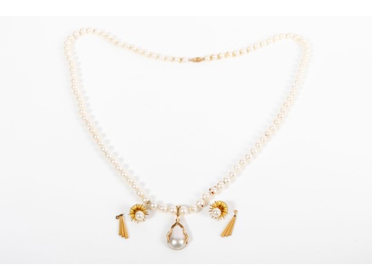 Art Deco 18K Gold Earrings & Teardrop Pearl Pendant