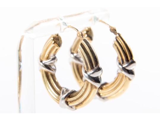 14k Yellow Gold Ribbed X-Motif Hoop Earrings