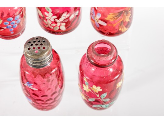 Floral Decorated Cranberry Glass Salt And Pepper Shakers