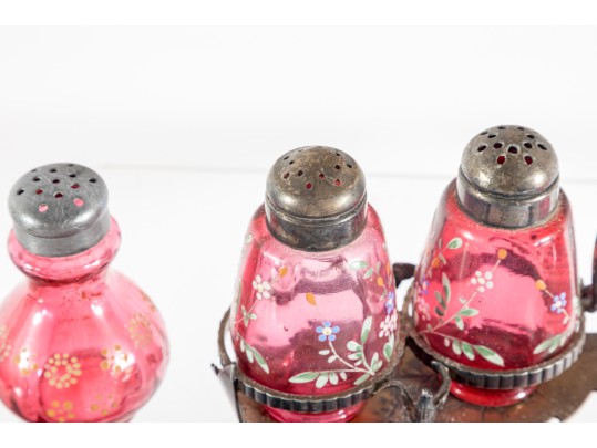 Floral Decorated Cranberry Glass Salt And Pepper Shakers