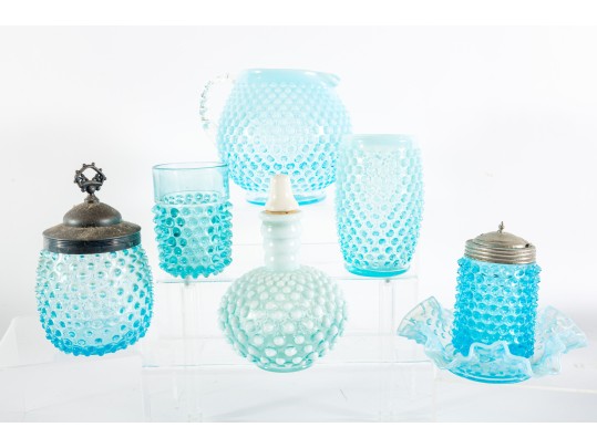 Blue And White Hobnail Depression Glassware