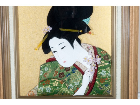 Japanese Oshie Art Geisha In Green Brocade