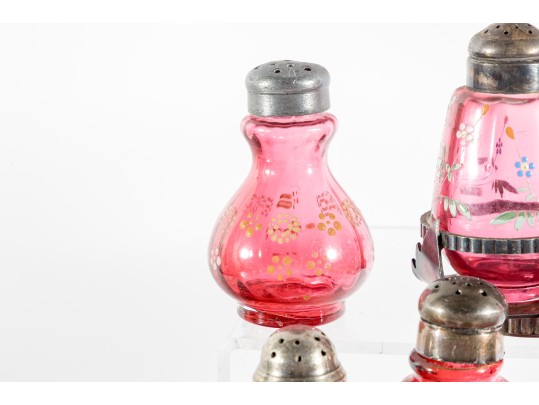 Floral Decorated Cranberry Glass Salt And Pepper Shakers