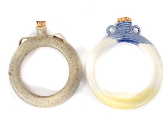Pair Of Signed Studio Pottery Water Flask Rings