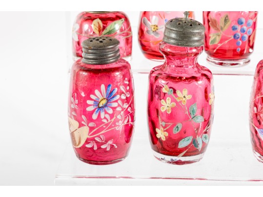Floral Decorated Cranberry Glass Salt And Pepper Shakers