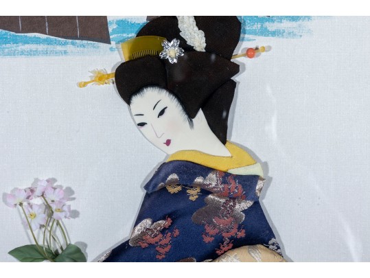 Large Vintage Japanese Mixed Media Geisha Oshie In Navy/Ivory