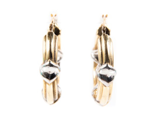 14k Yellow Gold Ribbed X-Motif Hoop Earrings