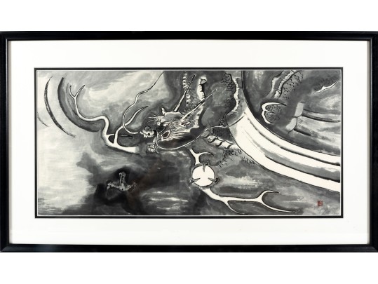 Eastern Dragon Framed Monochromatic Watercolor On Paper Painting
