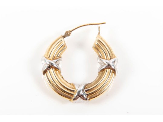 14k Yellow Gold Ribbed X-Motif Hoop Earrings