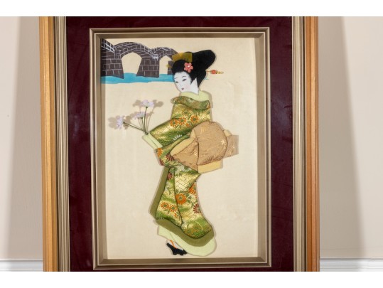 Japanese Oshie Geisha Art In Green/Khaki Brocade
