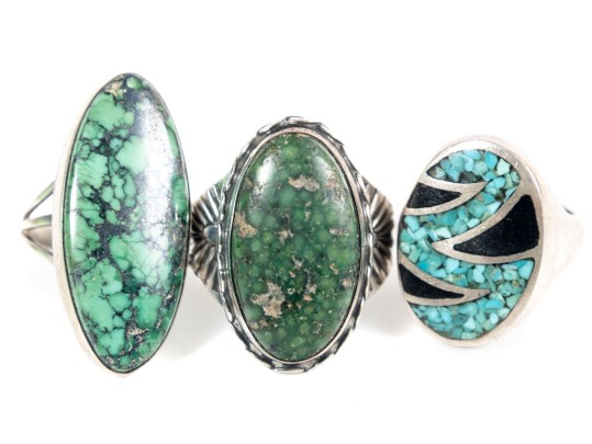 Trio Of Crushed Turquoise/Variscite Stone & Sterling Silver Rings 