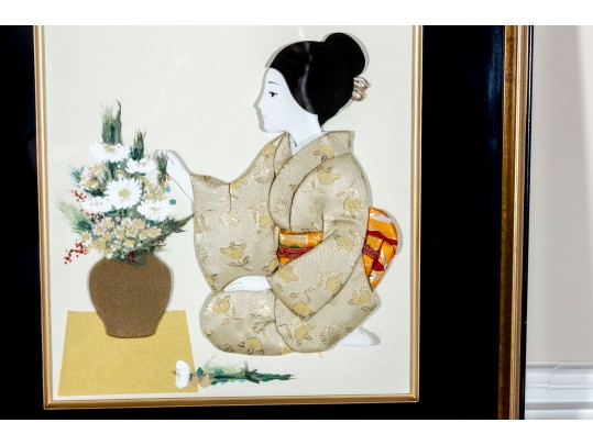 Two Framed Japanese Oshie Art Geishas