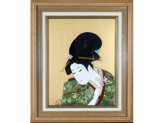 Japanese Oshie Art Geisha In Green Brocade