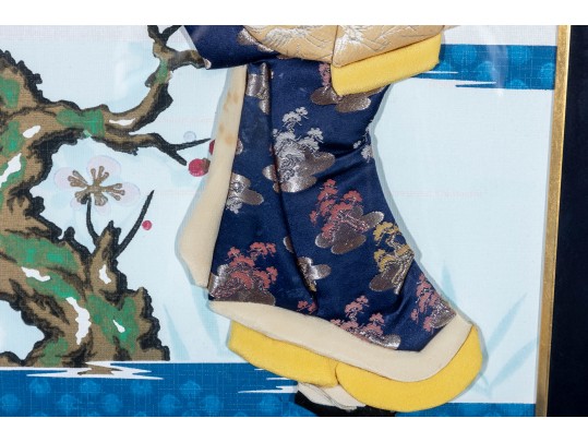 Large Vintage Japanese Mixed Media Geisha Oshie In Navy/Ivory
