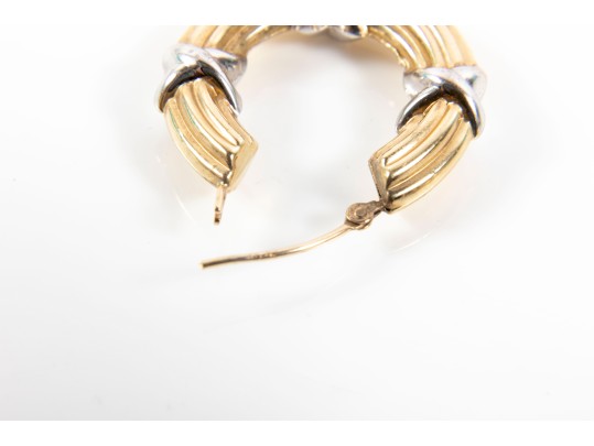 14k Yellow Gold Ribbed X-Motif Hoop Earrings