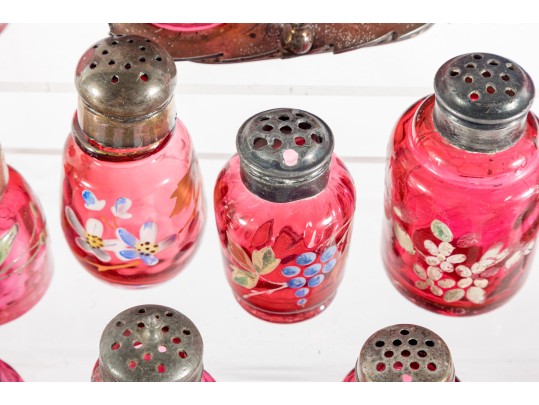 Floral Decorated Cranberry Glass Salt And Pepper Shakers