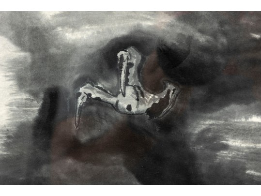 Eastern Dragon Framed Monochromatic Watercolor On Paper Painting