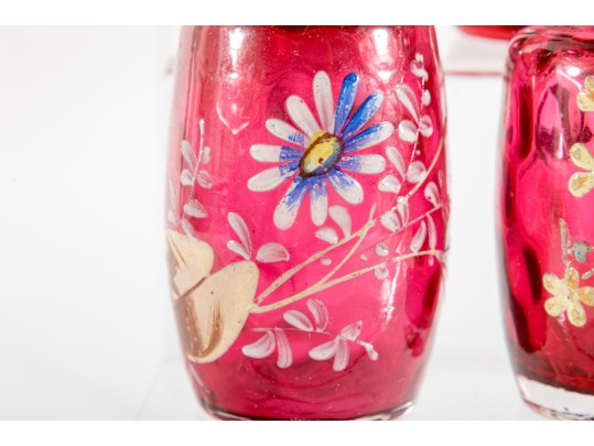 Floral Decorated Cranberry Glass Salt And Pepper Shakers