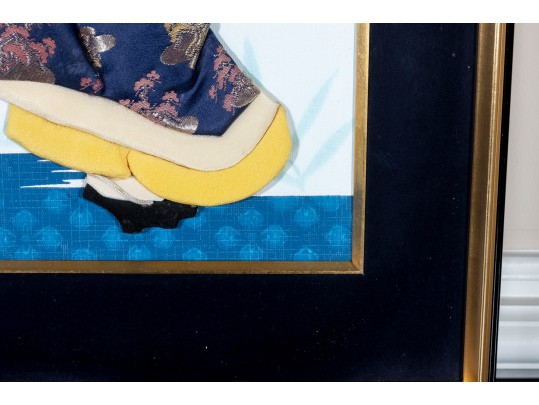 Large Vintage Japanese Mixed Media Geisha Oshie In Navy/Ivory