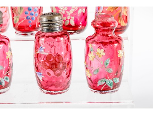 Floral Decorated Cranberry Glass Salt And Pepper Shakers
