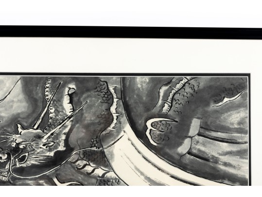 Eastern Dragon Framed Monochromatic Watercolor On Paper Painting