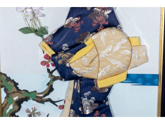 Large Vintage Japanese Mixed Media Geisha Oshie In Navy/Ivory