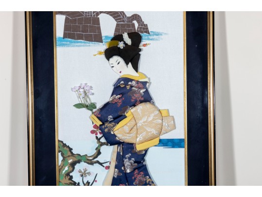 Large Vintage Japanese Mixed Media Geisha Oshie In Navy/Ivory