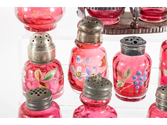 Floral Decorated Cranberry Glass Salt And Pepper Shakers