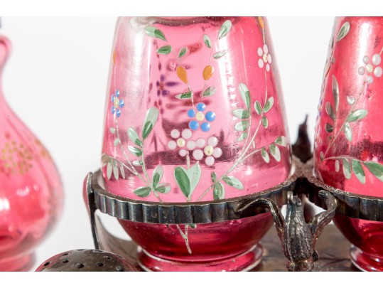 Floral Decorated Cranberry Glass Salt And Pepper Shakers