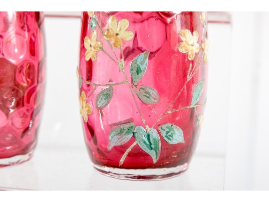 Floral Decorated Cranberry Glass Salt And Pepper Shakers