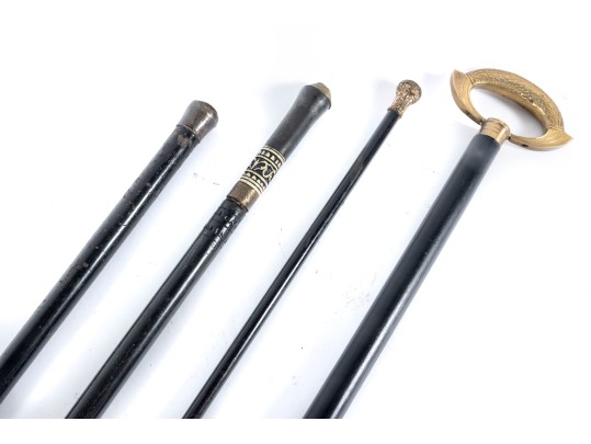 Four Vintage Brass/metal Cap Walking Canes