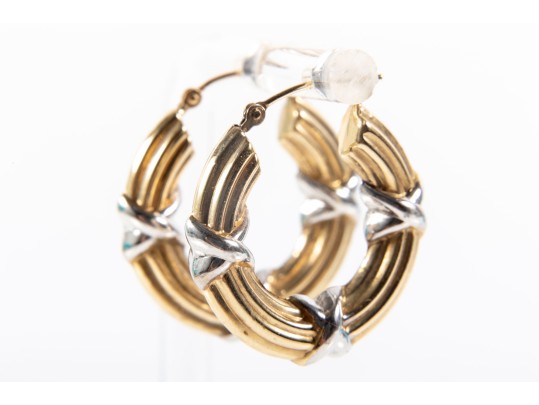 14k Yellow Gold Ribbed X-Motif Hoop Earrings