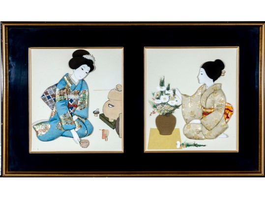 Two Framed Japanese Oshie Art Geishas