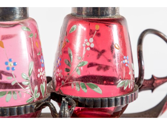 Floral Decorated Cranberry Glass Salt And Pepper Shakers