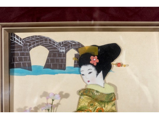 Japanese Oshie Geisha Art In Green/Khaki Brocade