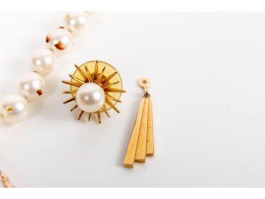 Art Deco 18K Gold Earrings & Teardrop Pearl Pendant