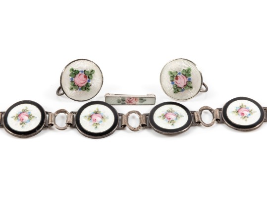 Vintage Sterling Silver Guilloche Enameled Floral Jewelry