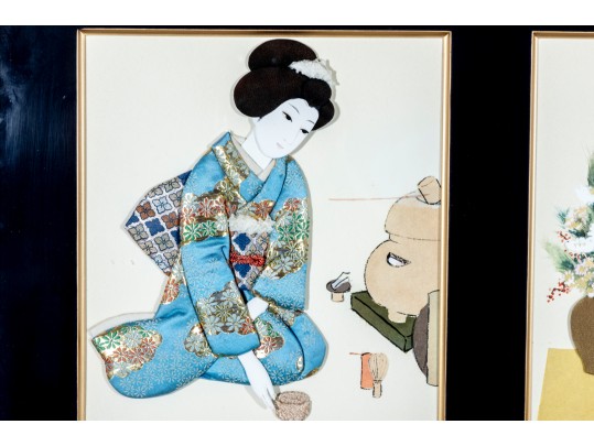 Two Framed Japanese Oshie Art Geishas