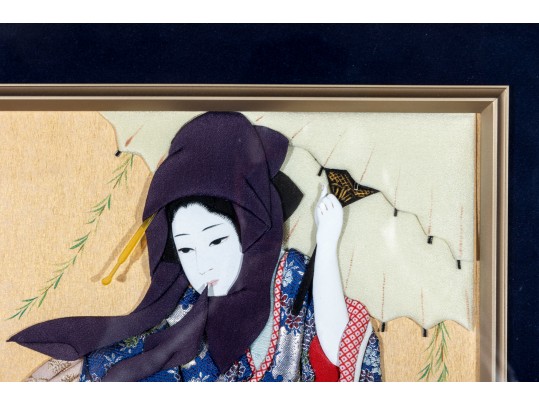 Vintage Japanese Oshie Geisha Art In Navy Brocade Kimono