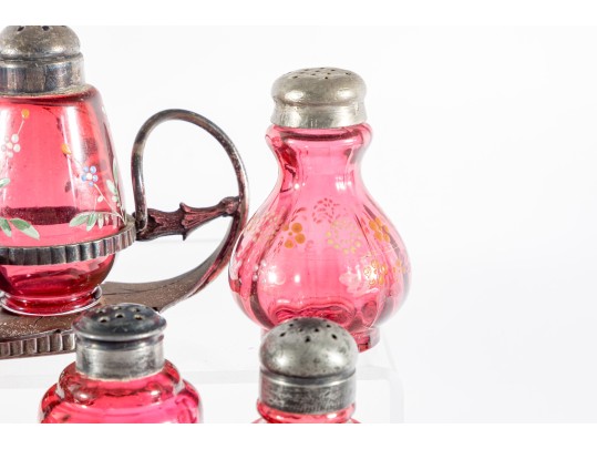 Floral Decorated Cranberry Glass Salt And Pepper Shakers