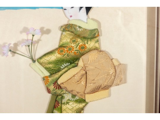 Japanese Oshie Geisha Art In Green/Khaki Brocade