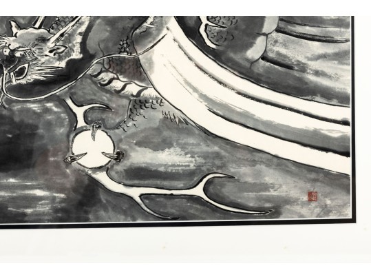 Eastern Dragon Framed Monochromatic Watercolor On Paper Painting
