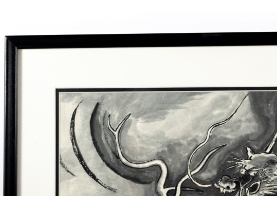 Eastern Dragon Framed Monochromatic Watercolor On Paper Painting