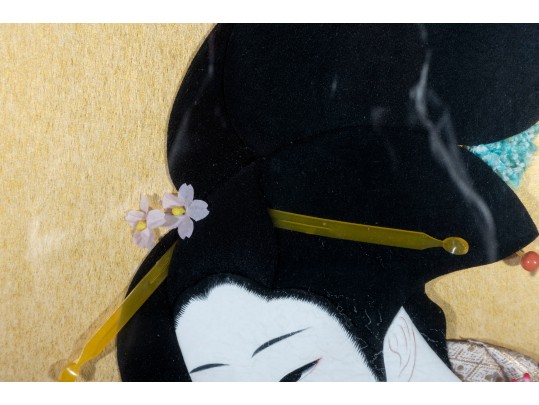 Japanese Oshie Art Geisha In Green Brocade