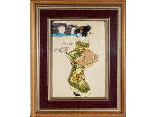 Japanese Oshie Geisha Art In Green/Khaki Brocade