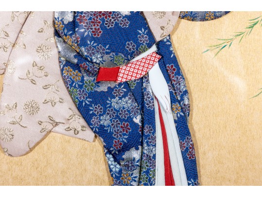 Vintage Japanese Oshie Geisha Art In Navy Brocade Kimono