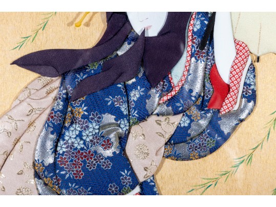 Vintage Japanese Oshie Geisha Art In Navy Brocade Kimono